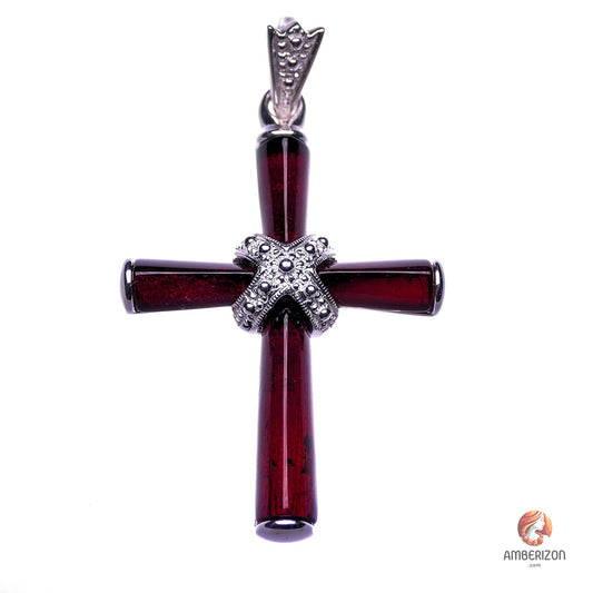 Catholic amber pendant - Dark cherry amber & 925 sterling silver