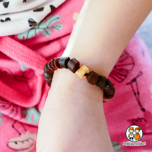 ~⌀6-7mm - Cylinder Baltic amber baby bracelet-anklet - Raw unpolished cherry & butterscotch beads