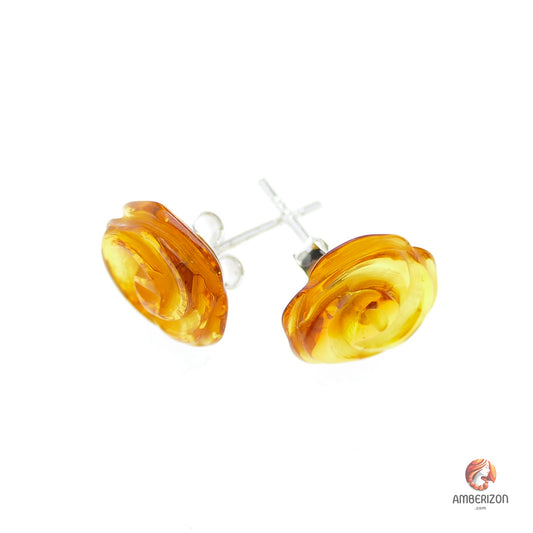 Carved Baltic amber rose earrings - Honey gemstone studs