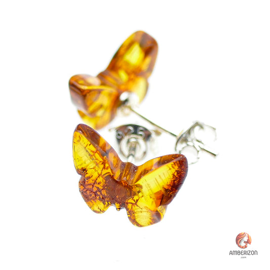 Carved Baltic amber Butterfly earrings - Honey gemstone studs