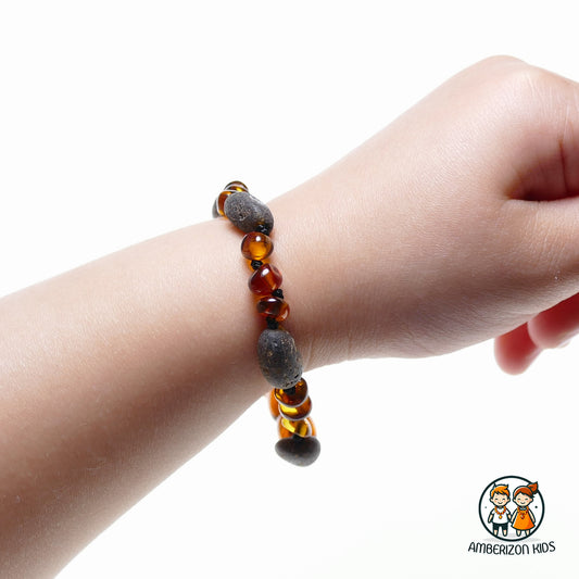 Grey & cognac amber baby bracelet-anklet - Polished & frosted bead mix