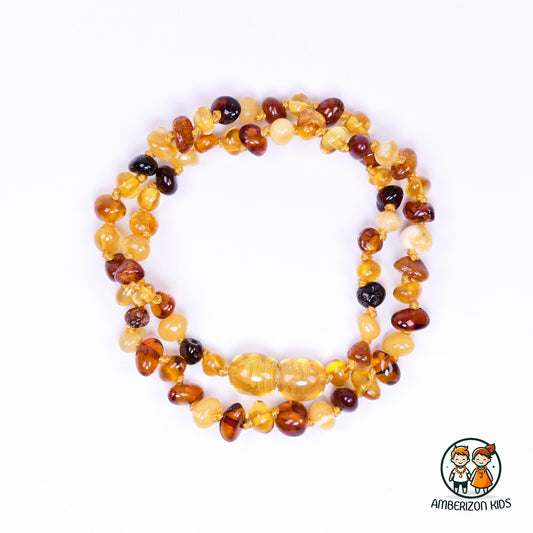 Multicolored polished amber teething necklace - Smooth, colorful chip beads with vivid colors - Knotted