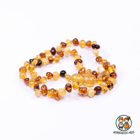 Polished Baltic amber necklace for children - Multicolored chip shape beads
