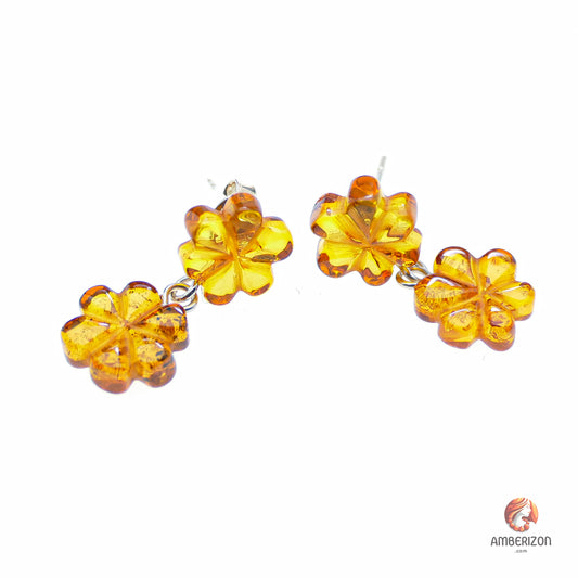 Baltic amber flower earrings - Honey gemstone studs