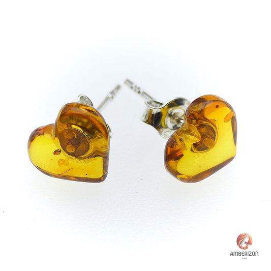 Carved Baltic amber heart earrings -Honey gemstone studs