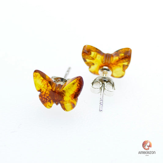 Carved Baltic amber Butterfly earrings - Honey gemstone studs