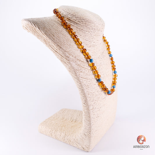 Adult Baltic Amber Necklace - Honey Color - Turquoise Beads - 49cm Length