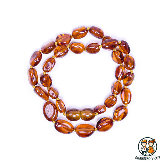 Polished Baltic amber baby teething necklace - Unisex - Top-quality flat olive amber beads for teething