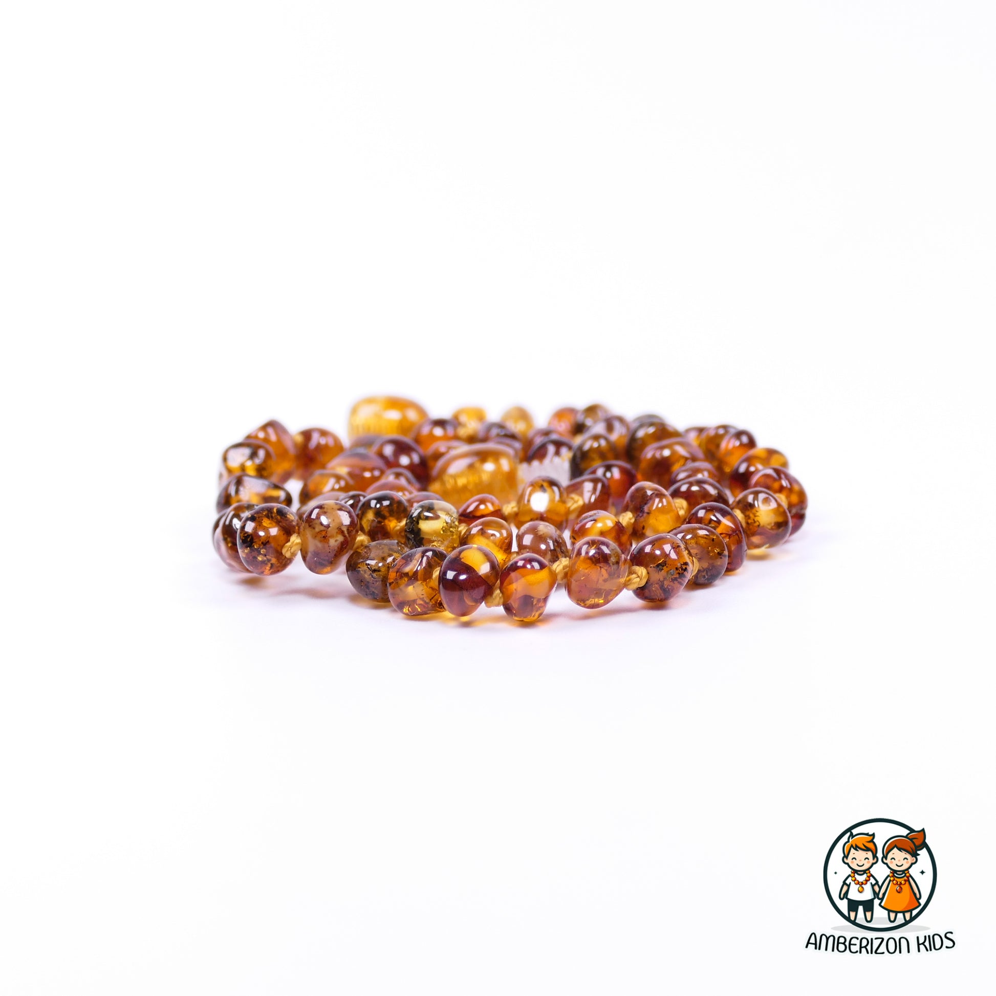 Organic Baltic Amber Teething Necklace - Gender-Neutral - Calming Cognac, Honey, and Green Gemstones