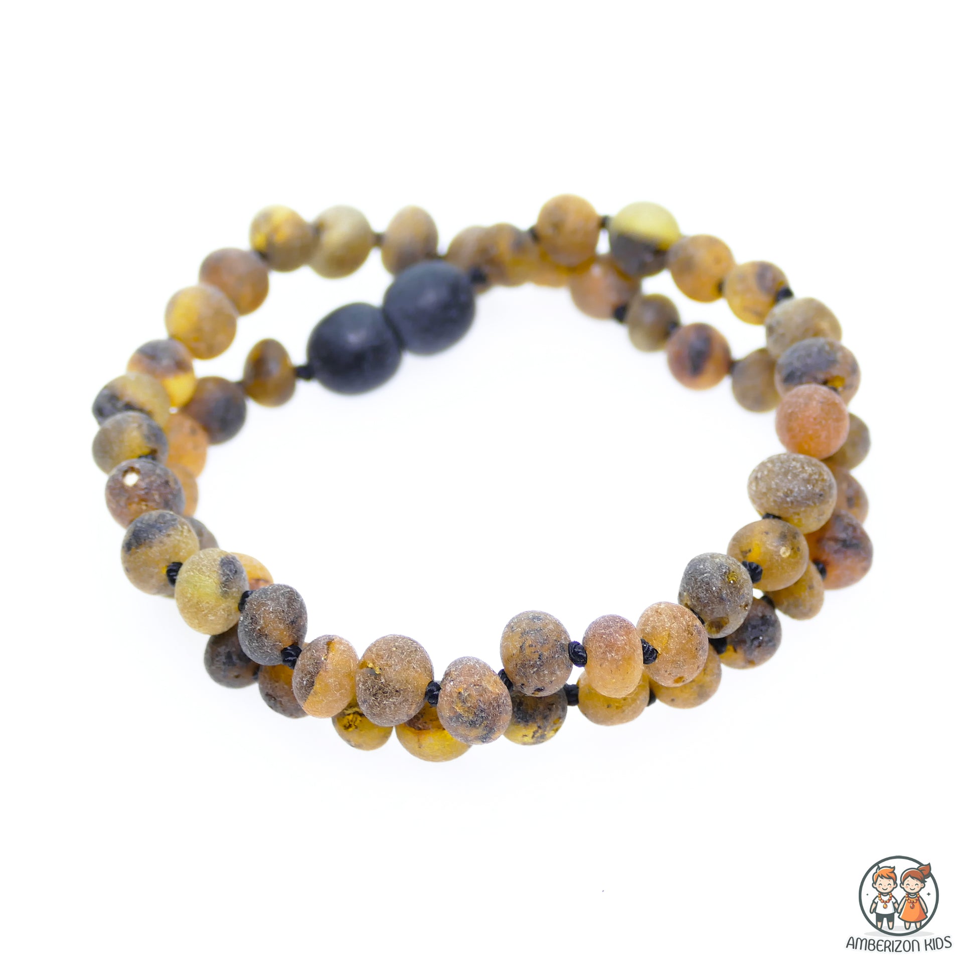 Honey and gray raw amber teething necklace for boys and girls