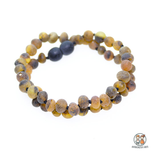 Honey and gray raw amber teething necklace for boys and girls