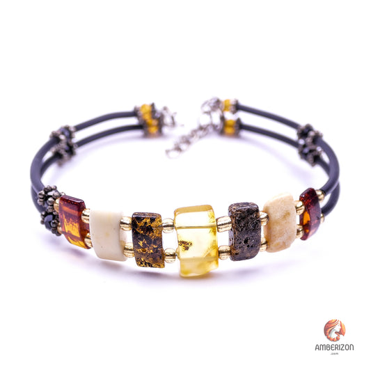 Adjustable Wire Bracelet with square amber beads - Multicolored polished beads - Women's boho jewelry