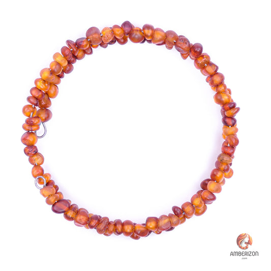 Memory wire bracelet with Baltic raw amber beads - Orange-red raw, unpolished baroque beads