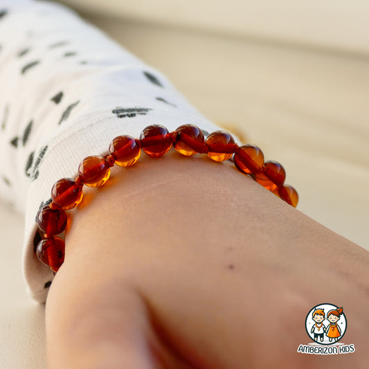 Round Baltic amber baby bracelet-anklet - Clear polished cognac balls