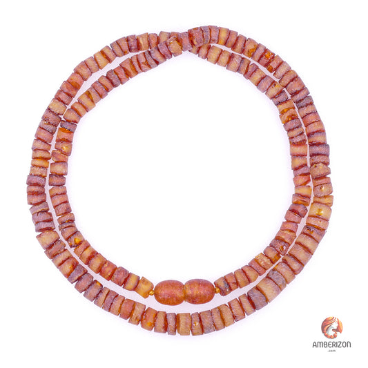 Cylinder shape bead unpolished raw amber necklace in orange-red color - Adult amber necklace