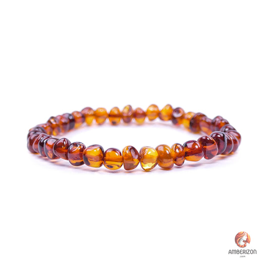 Baltic polished amber bracelet - Polished translucent baroque beads - Stretchy