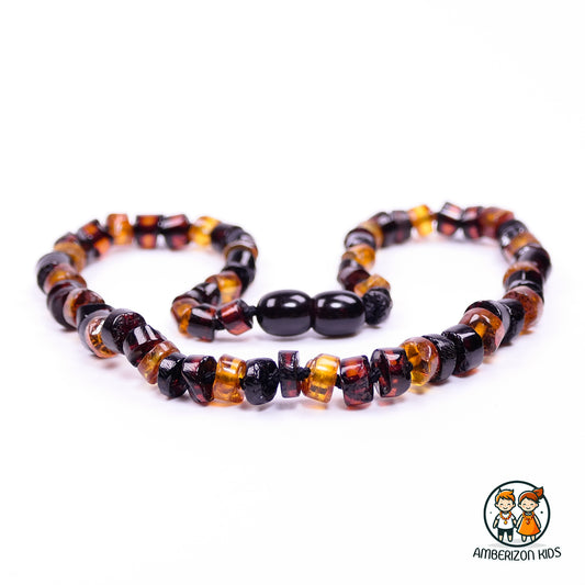 Dark multicolored cylindrical Baltic amber baby teething necklace - Smooth, polished amber beads