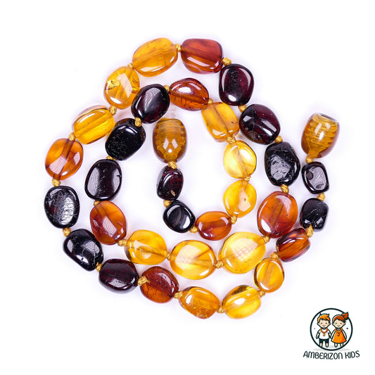 Polished gradient multicolored baby amber necklace - Unisex for boys and girls - Featuring flat olive amber beads