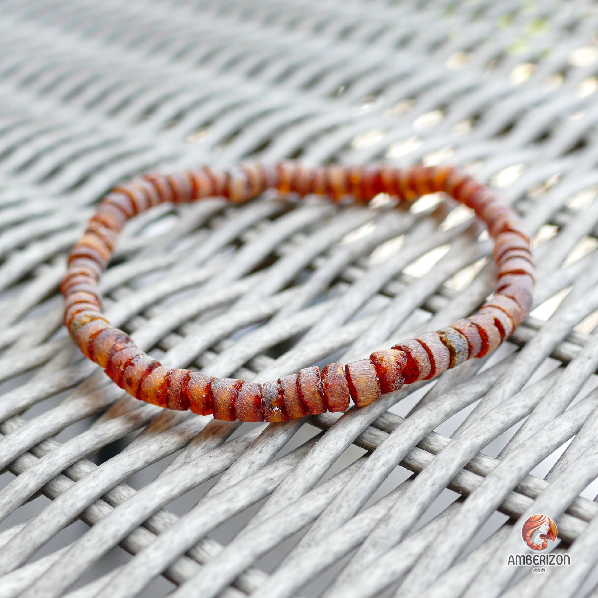 Natural Baltic Amber Bracelet: Red-Orange Cylinder Beads - Unpolished - Stretchy