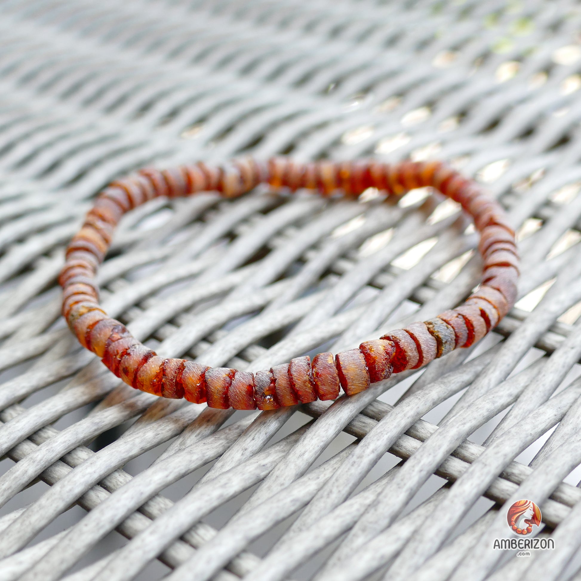 Natural Baltic Amber Bracelet: Red-Orange Cylinder Beads - Unpolished - Stretchy