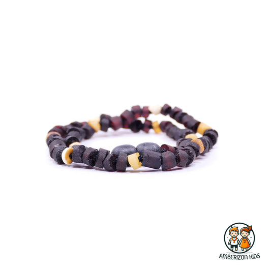 Natural Amber Teething Necklace: Multicolored Cylinder Beads, Unpolished Frosted Finish