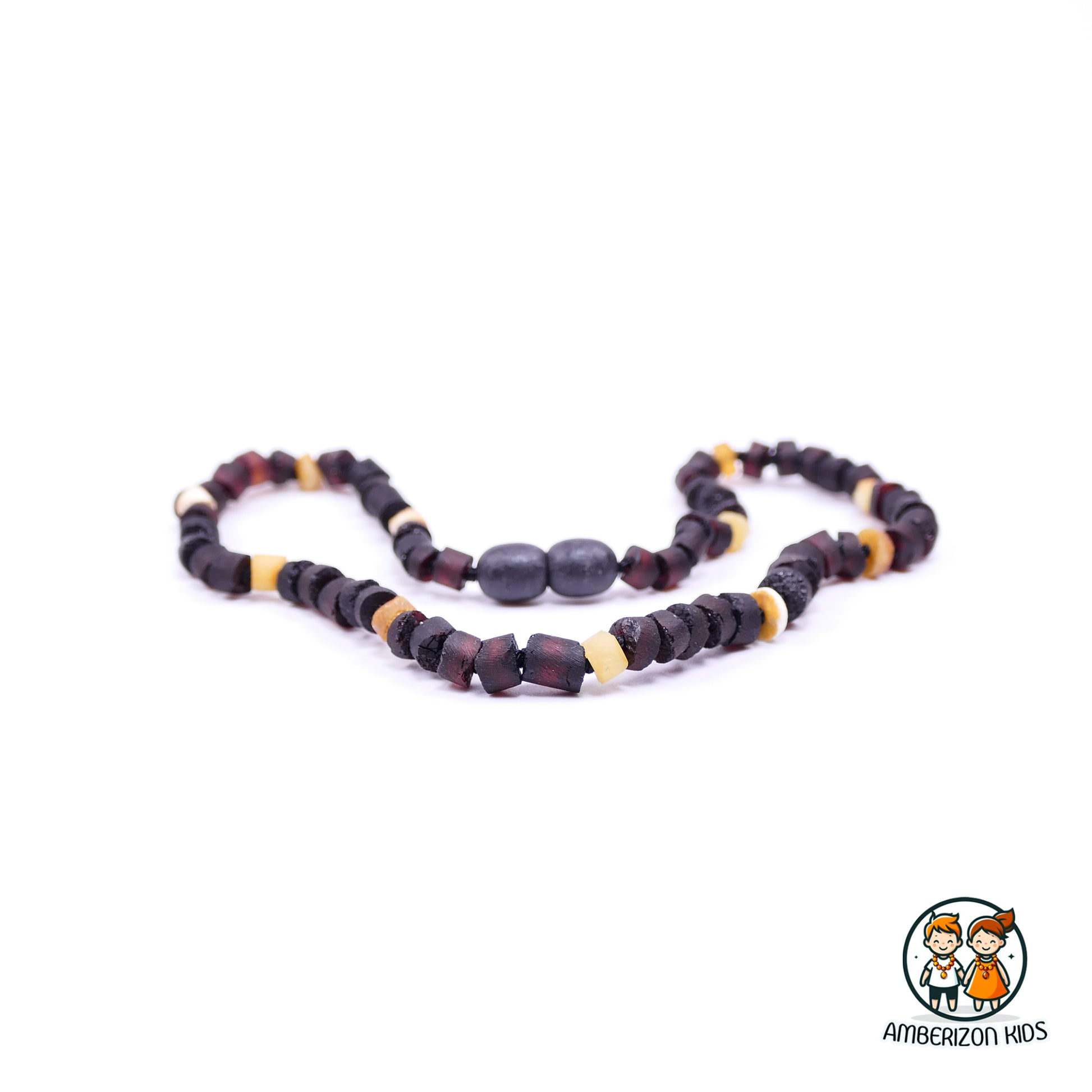 Baby Teething Amber Necklace: Raw Cylindrical Beads in Dark Multicolor