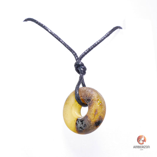 Raw Unpolished Baltic Amber Pendant - Gray Donut on Cotton Thread