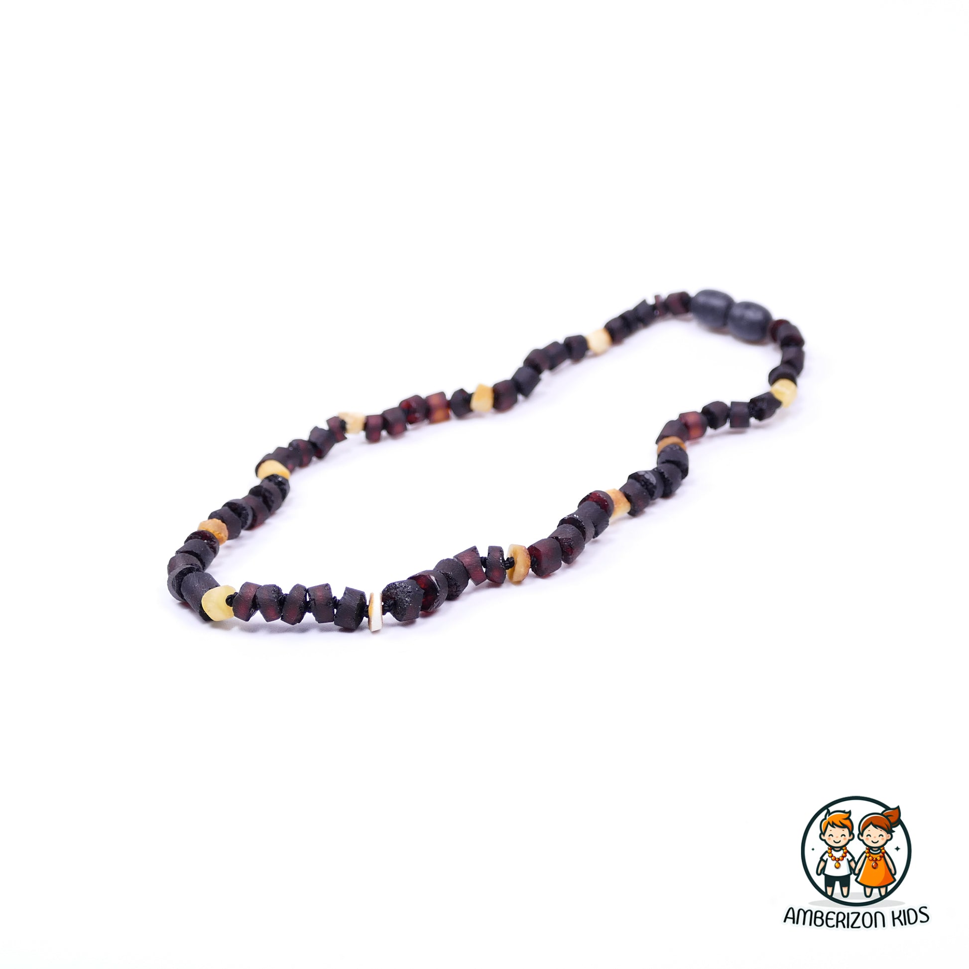 Raw Amber Teething Necklace: Dark Multicolor Cylindrical Beads, Unisex Design