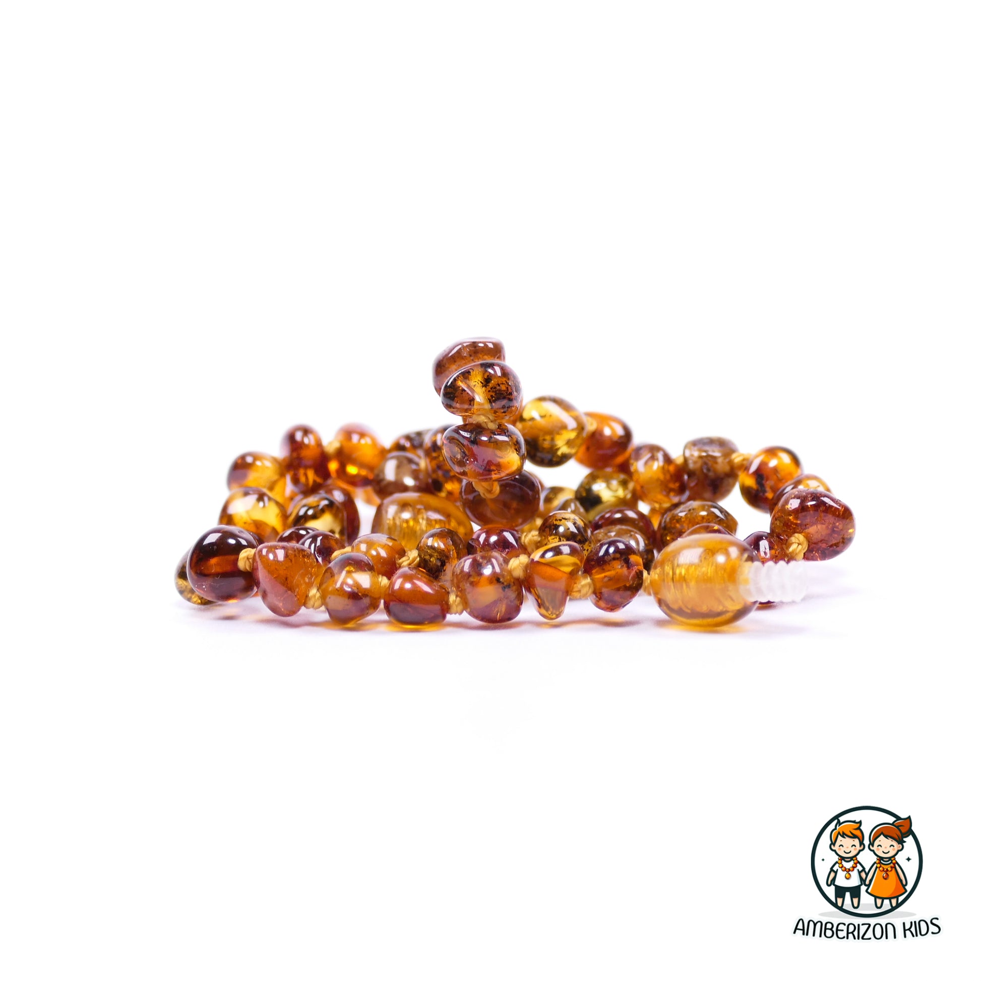 Kids' Amber Teething Necklace - All-Natural - Comforting Cognac, Honey, and Green Gemstone Beads