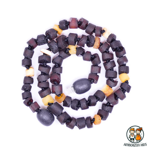 Dark multicolored cylindrical raw amber baby teething necklace