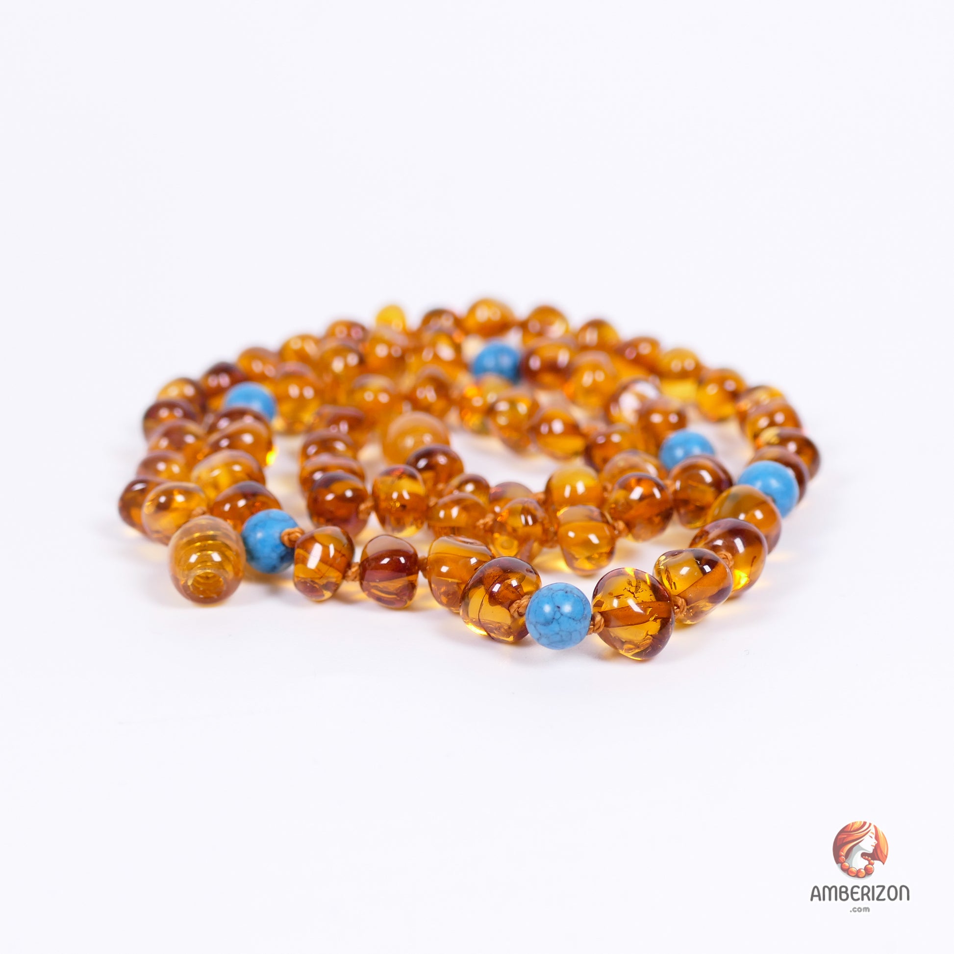 Minimalist Baltic Amber Necklace for Women - Honey & Turquoise Beads - 49cm Length