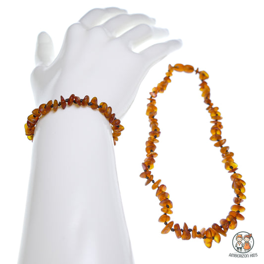 Matching Baby jewelry set - Red (orange) raw amber - Baby bracelet + baby necklace