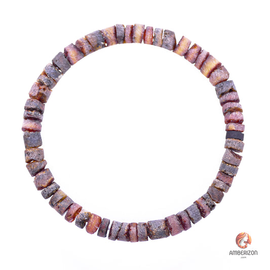 Baltic raw amber bracelet - red-orange unpolished cylinder beads - Stretchy