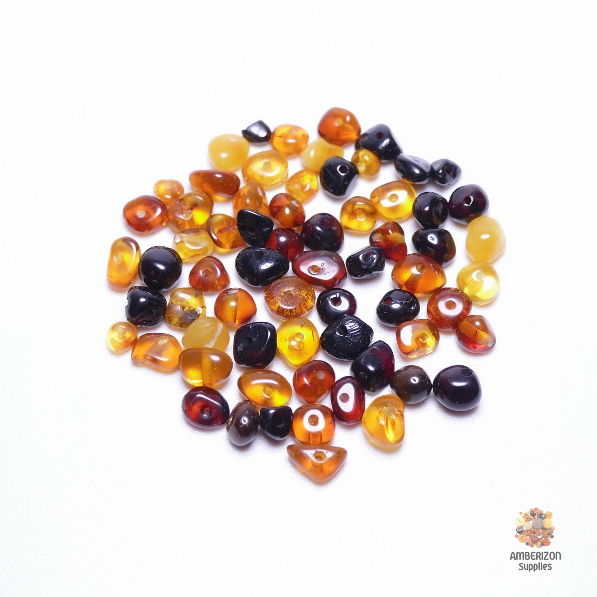 Loose amber beads for DIY - Drilled dark multicolored chip beads