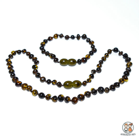 Matching Baby raw amber jewelry set - Grey-green amber color - Baby bracelet + baby necklace