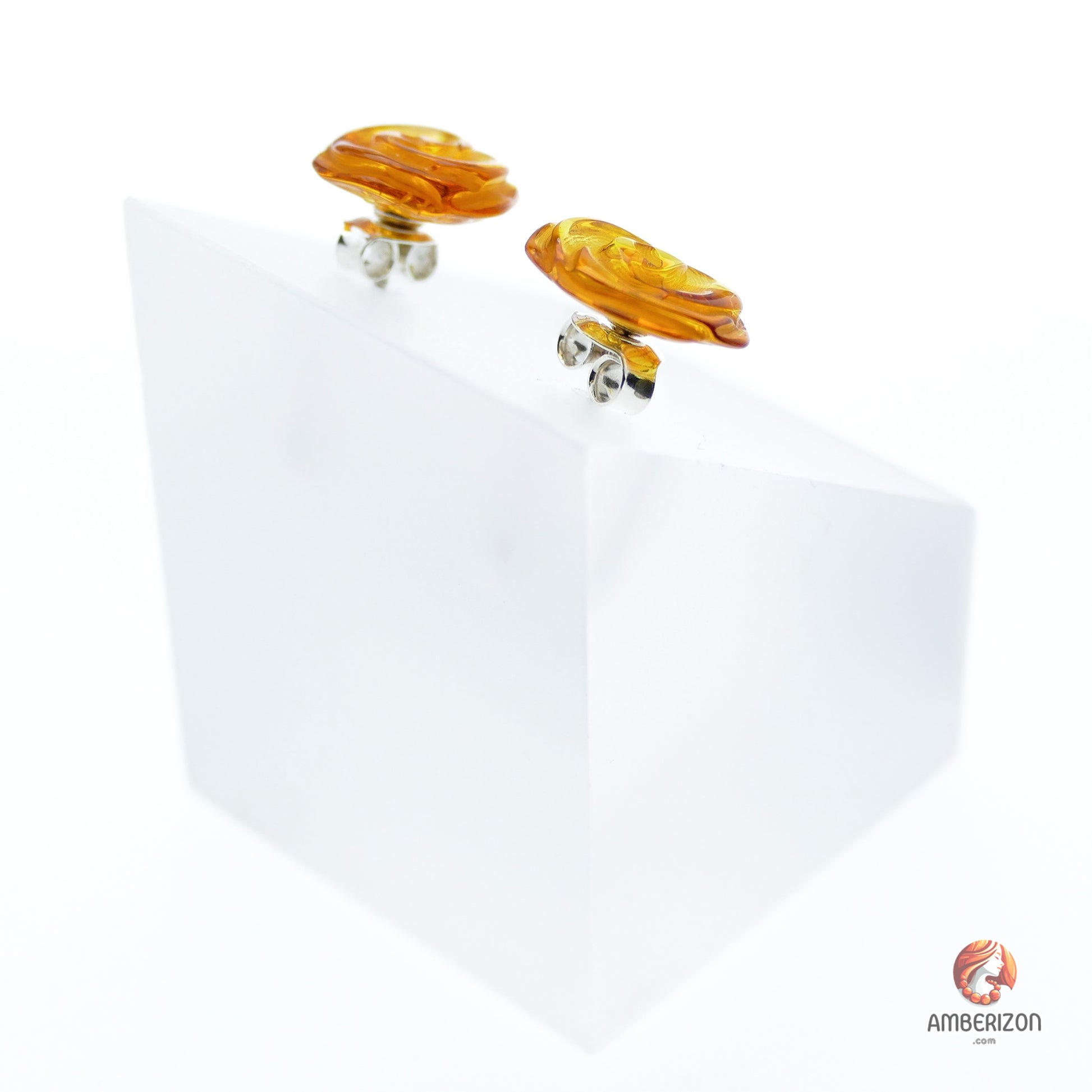 Carved Baltic amber rose earrings - Honey gemstone studs