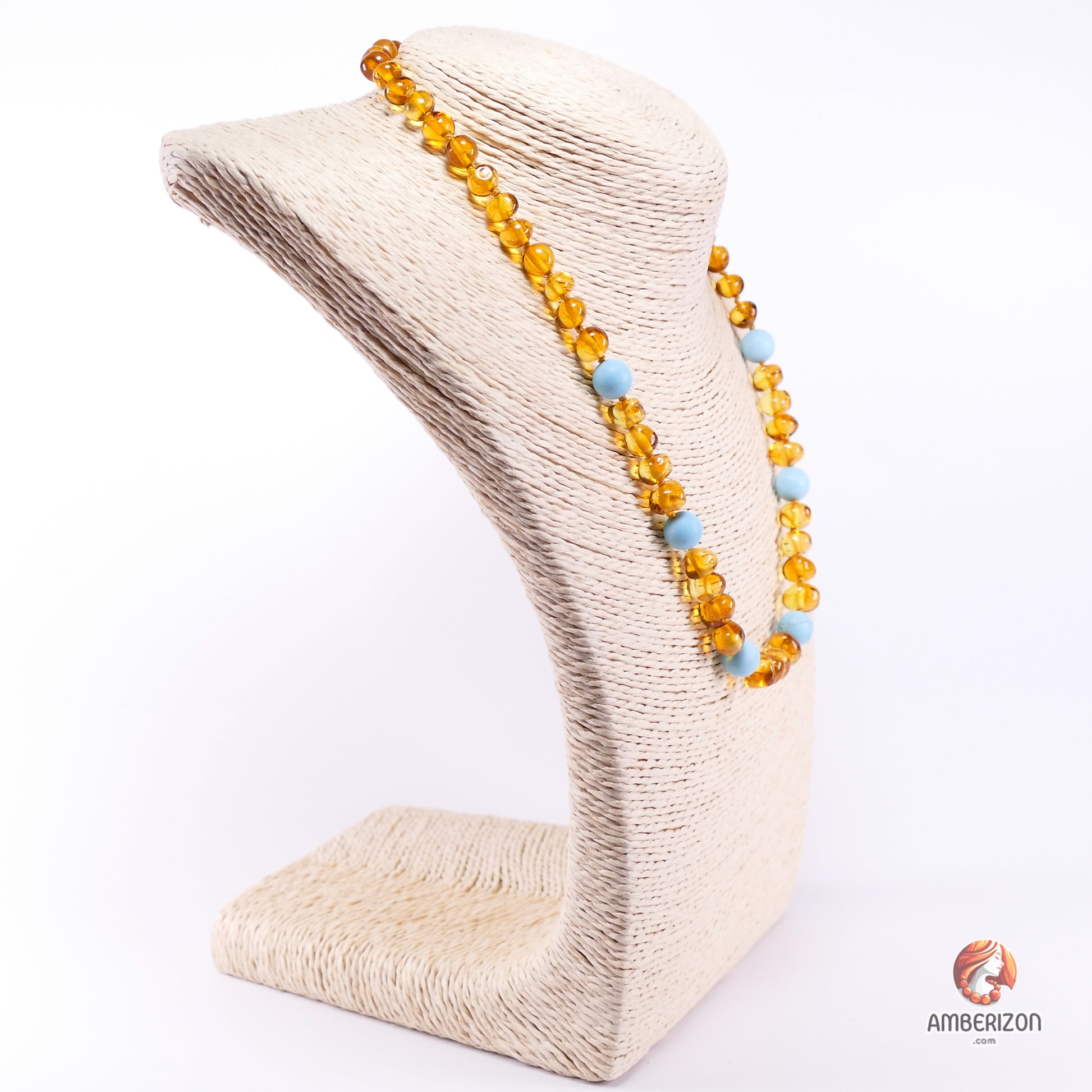 Women's necklace - Clear polished honey baroque amber beads and light blue acrylic balls