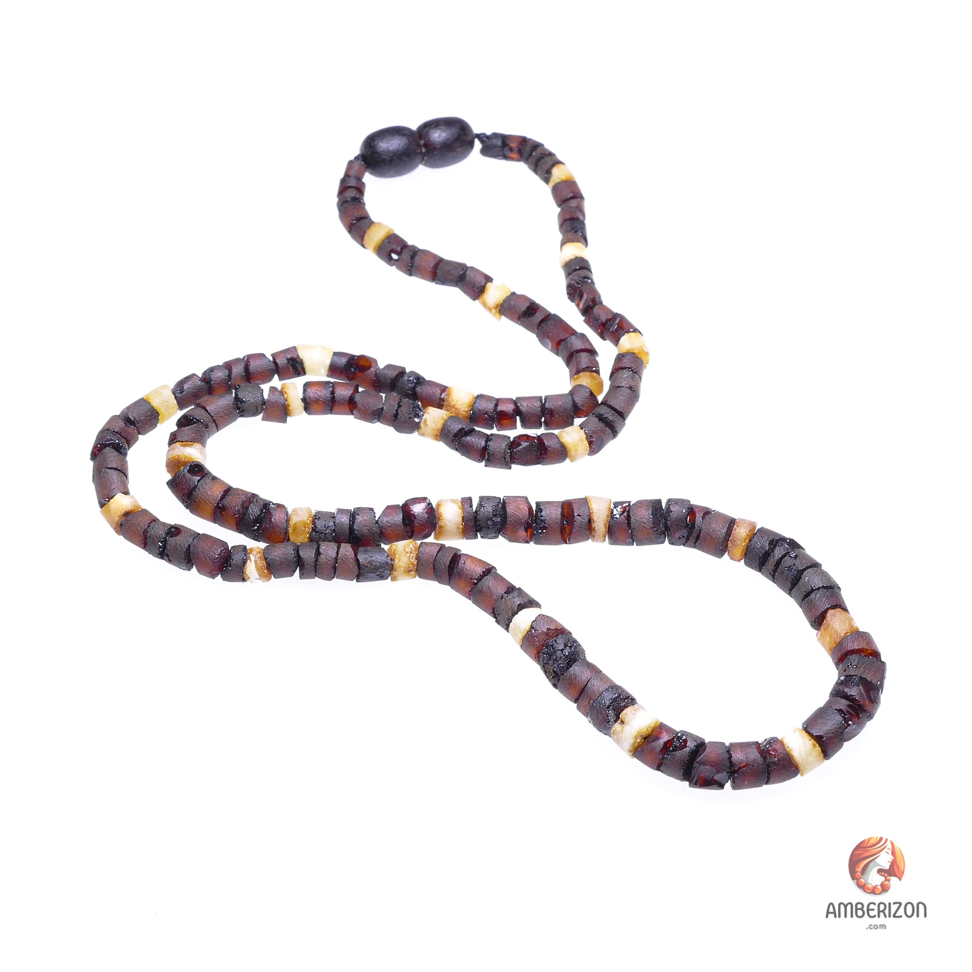 Women's necklace - Cylinder unpolished amber beads in cherry and butterscotch colors