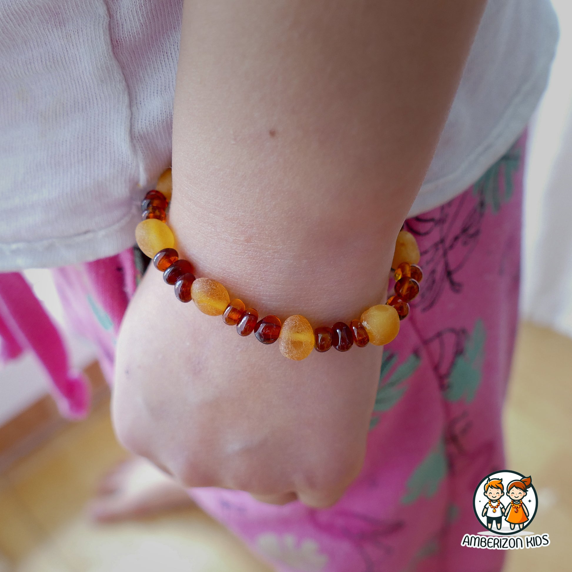 6-8.5mm beads - Genuine amber baby bracelet - Cognac and sea amber bead mix