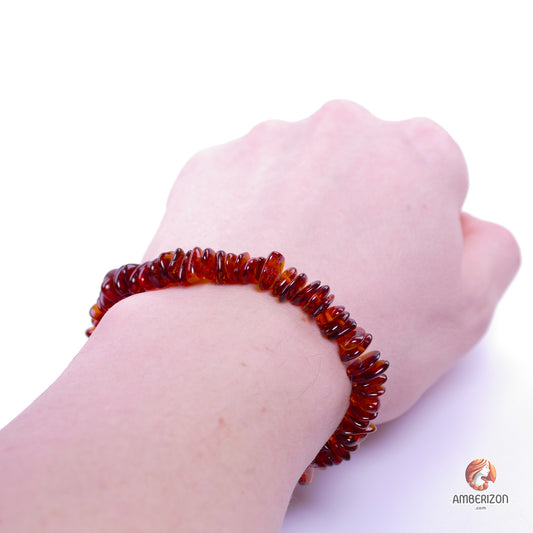 Dark cognac color amber bracelet - Clear polished translucent chip shape beads