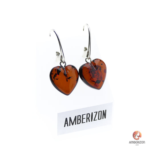 Baltic amber earrings - Dark cherry hearts