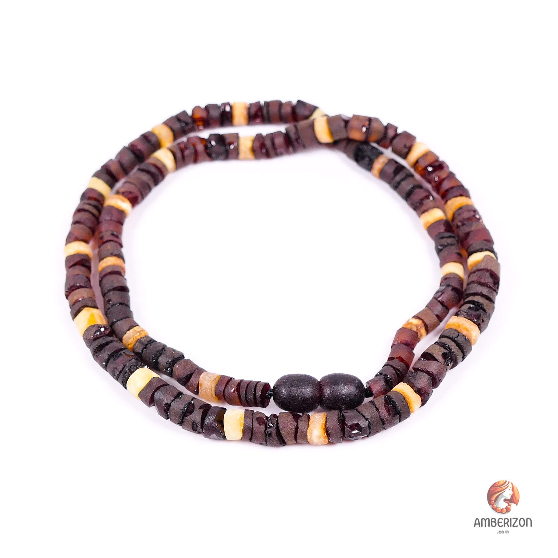 Women's necklace - Cylinder unpolished amber beads in cherry and butterscotch colors