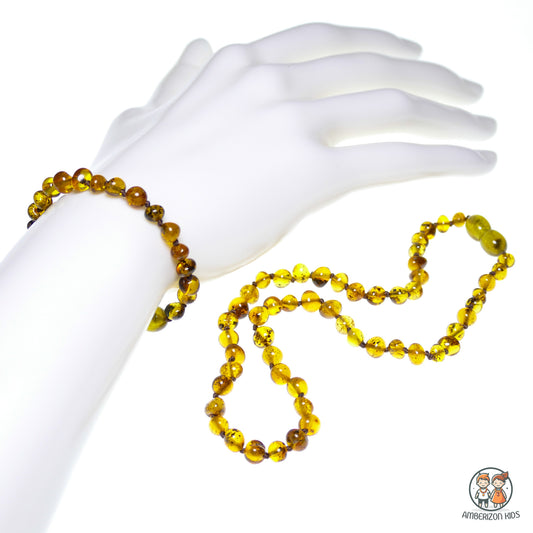 Matching Baby amber jewelry set - Baby bracelet + baby necklace - Lemon-green beads