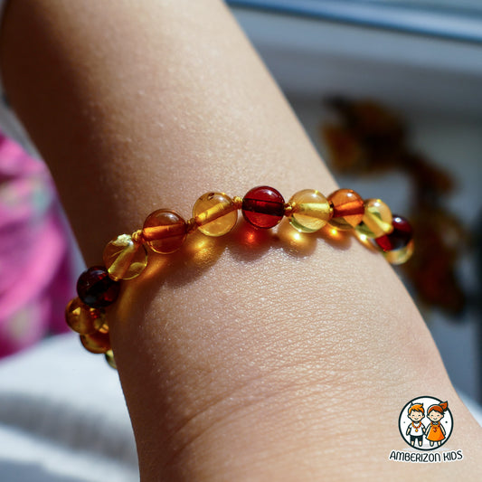 Round Baltic amber baby bracelet-anklet - Clear polished multicolored balls