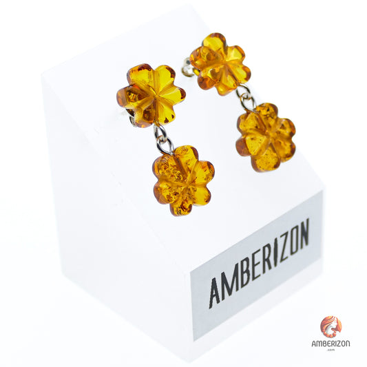 Baltic amber flower earrings - Honey gemstone studs