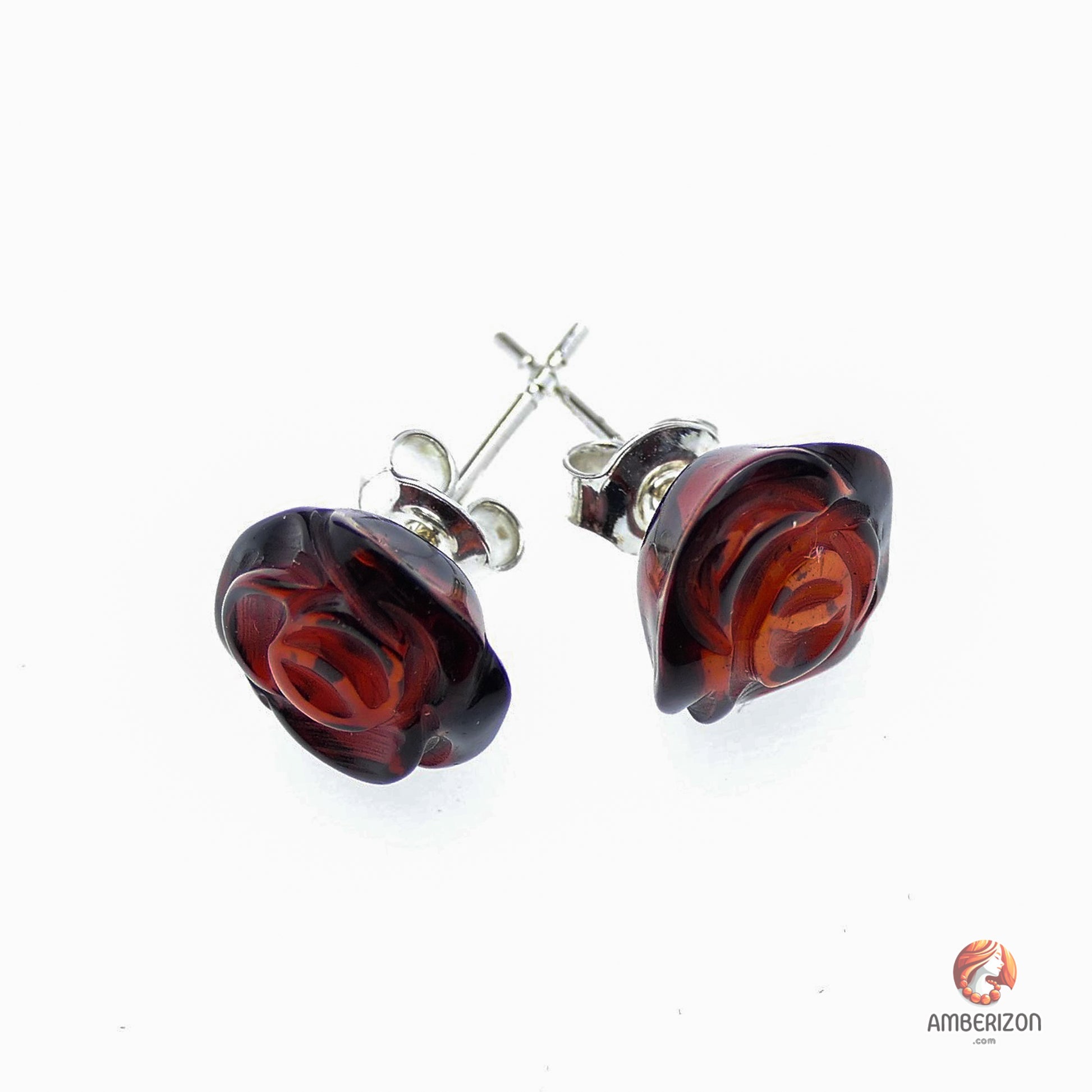 Carved Baltic amber rose earrings - Cherry gemstone studs