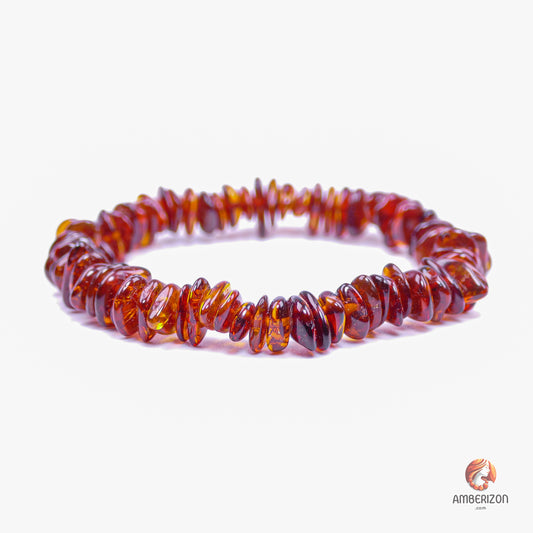 Dark cognac color amber bracelet - Clear polished translucent chip shape beads