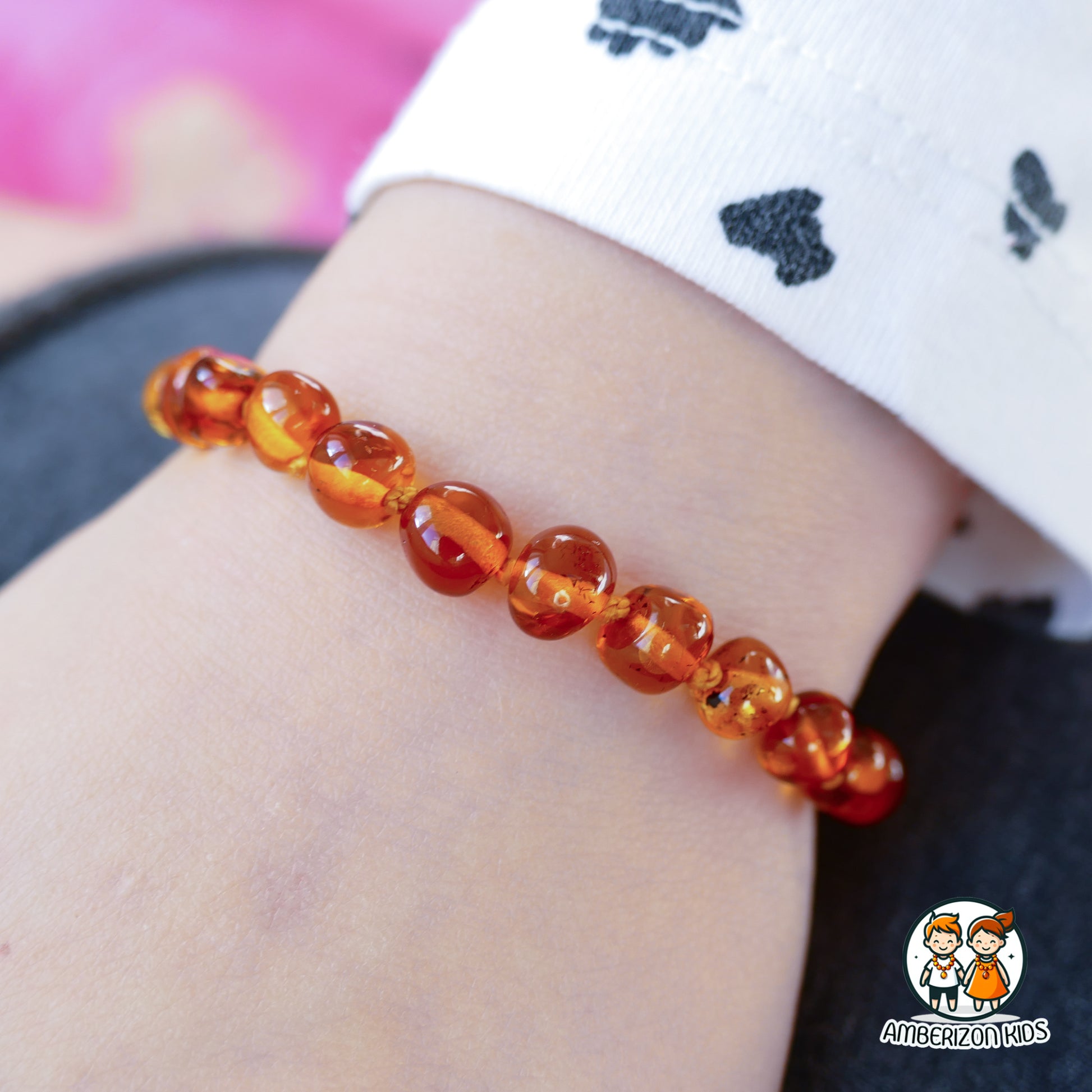 Knotted cognac amber baby bracelet - anklet - Translucent baroque beads