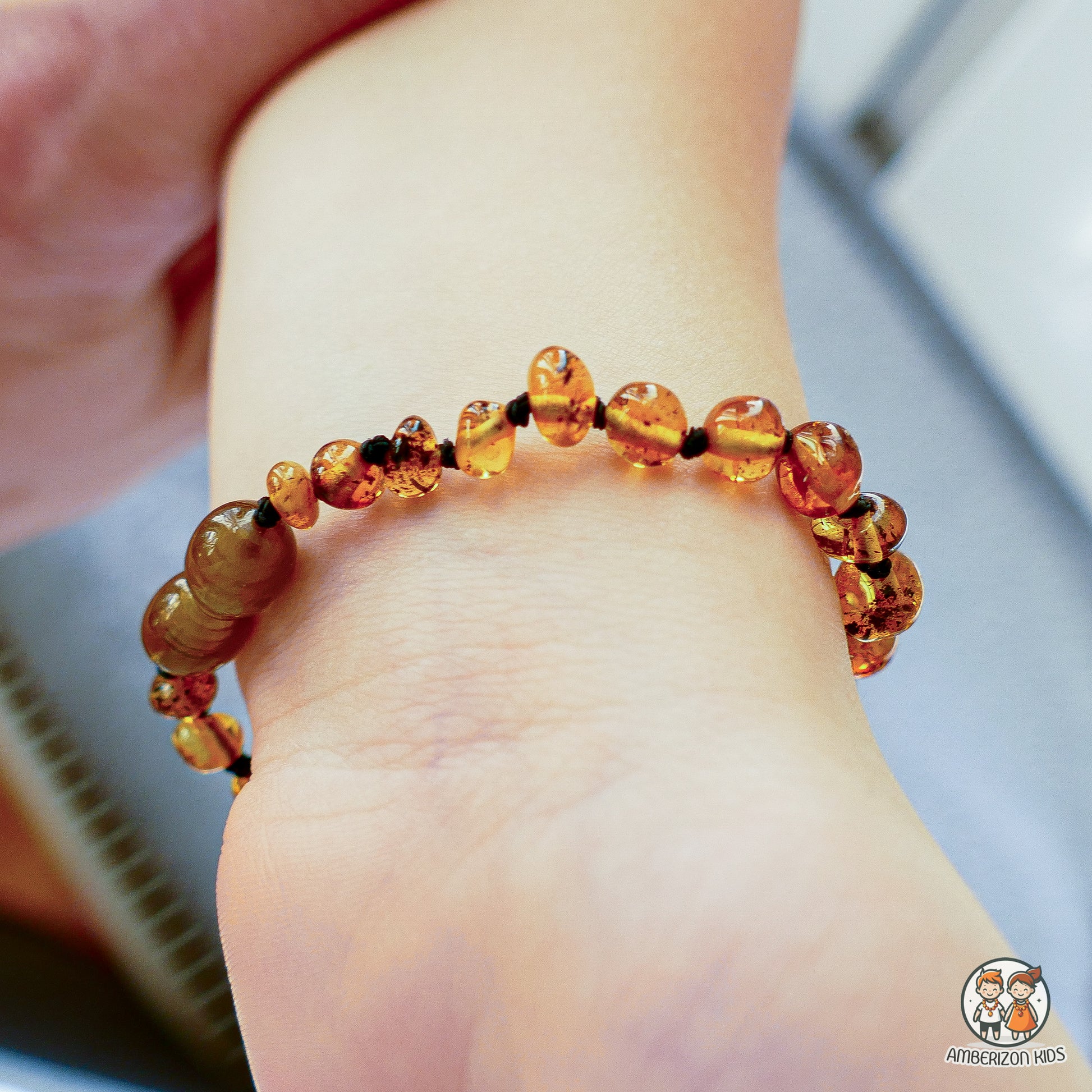 Baltic amber baby bracelet-anklet - Lemon-green baroque beads
