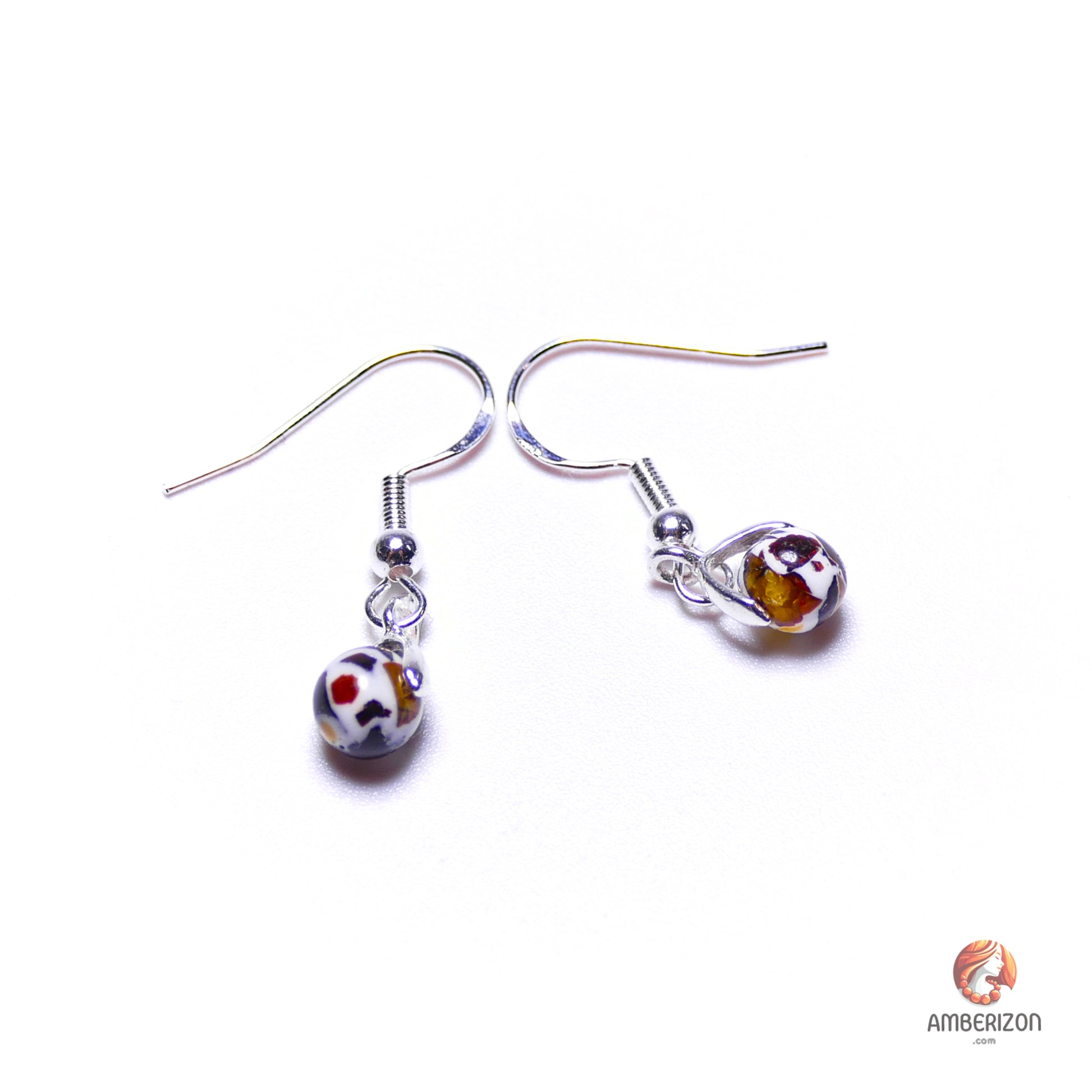 Baltic amber ball earrings - Mosaic (dalmatian) ball beads